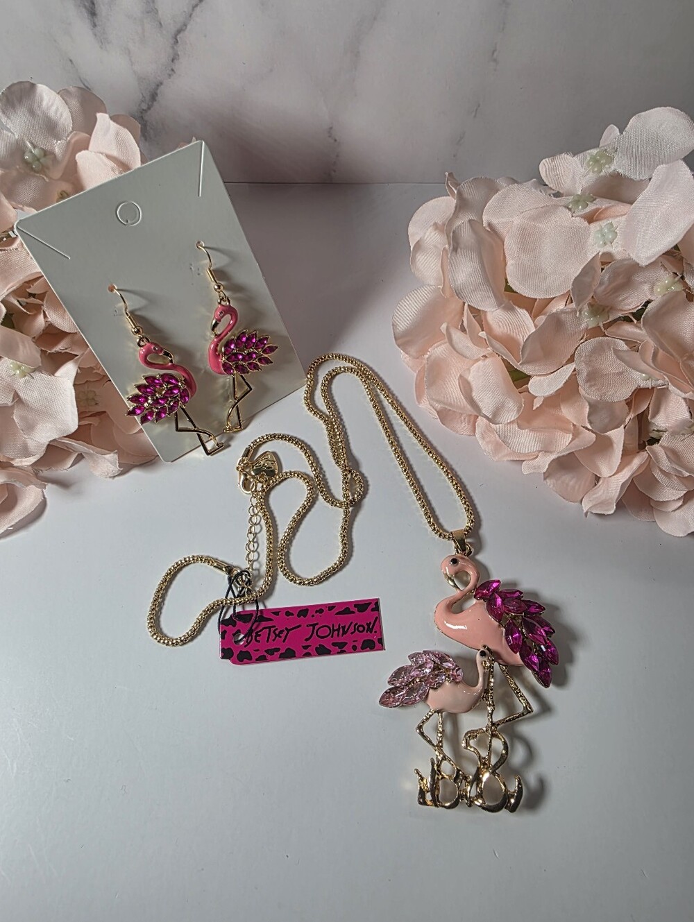 Betsey Johnson - Pink Flamingo Pendant Necklace and Earrings Set